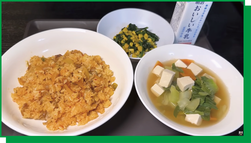 キムタクご飯・チンゲン菜スープ・ほうれん草とコーンのバター炒め